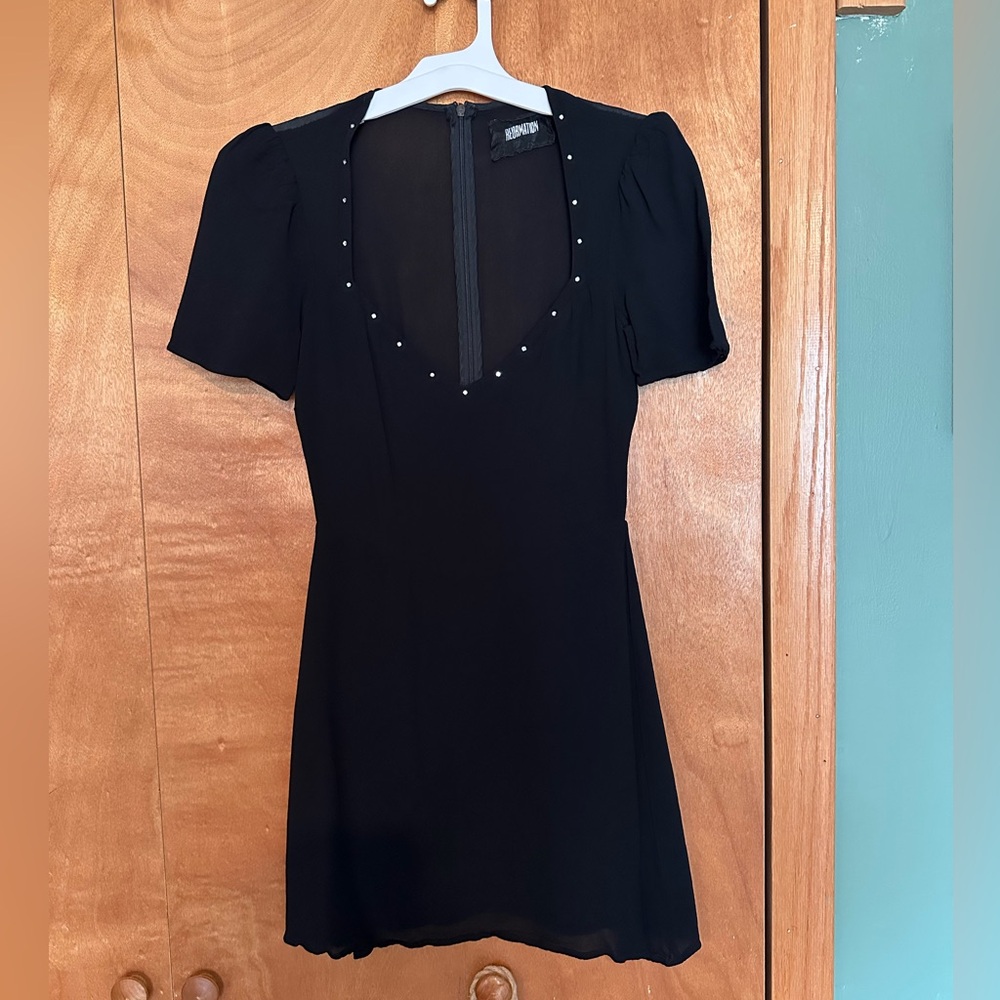Reformation Black mink Dress with Studded Rhinestone Neckline